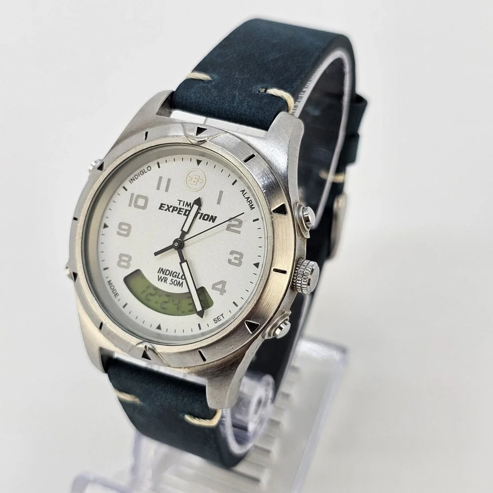 VTG Timex Expedition Ana-Dig Men's Watch 38MM NEW Blue Leather Bands NEW Battery